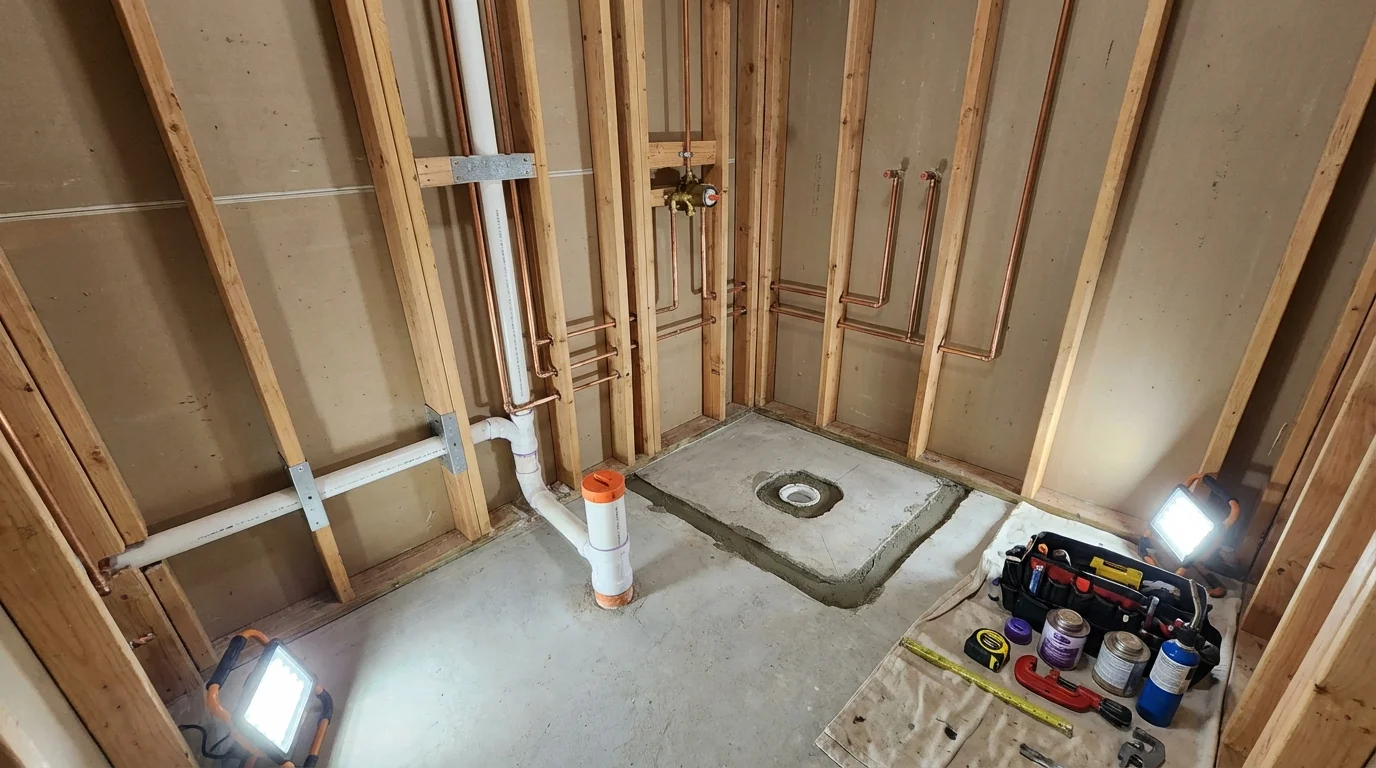 Bathroom rough-in plumbing during remodel by Johns Plumbing LLC in Massena