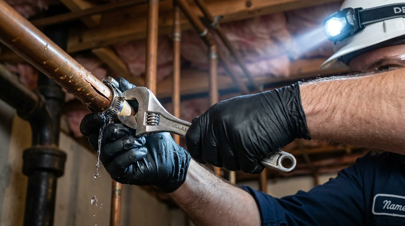 Emergency pipe clamp repair being performed by a Johns Plumbing LLC plumber in Massena