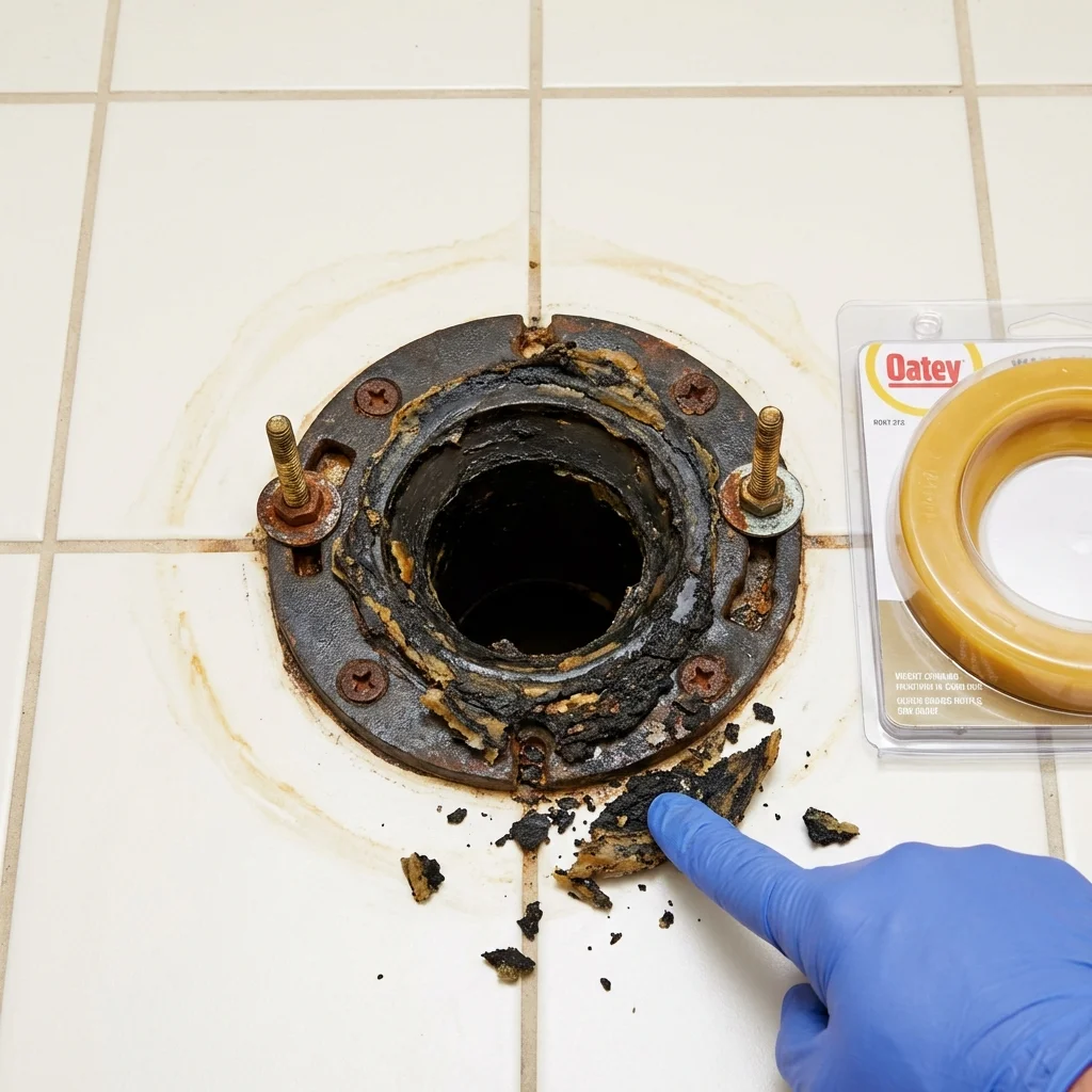 Failed wax ring showing water seepage at the base of a toilet in a Massena, NY home