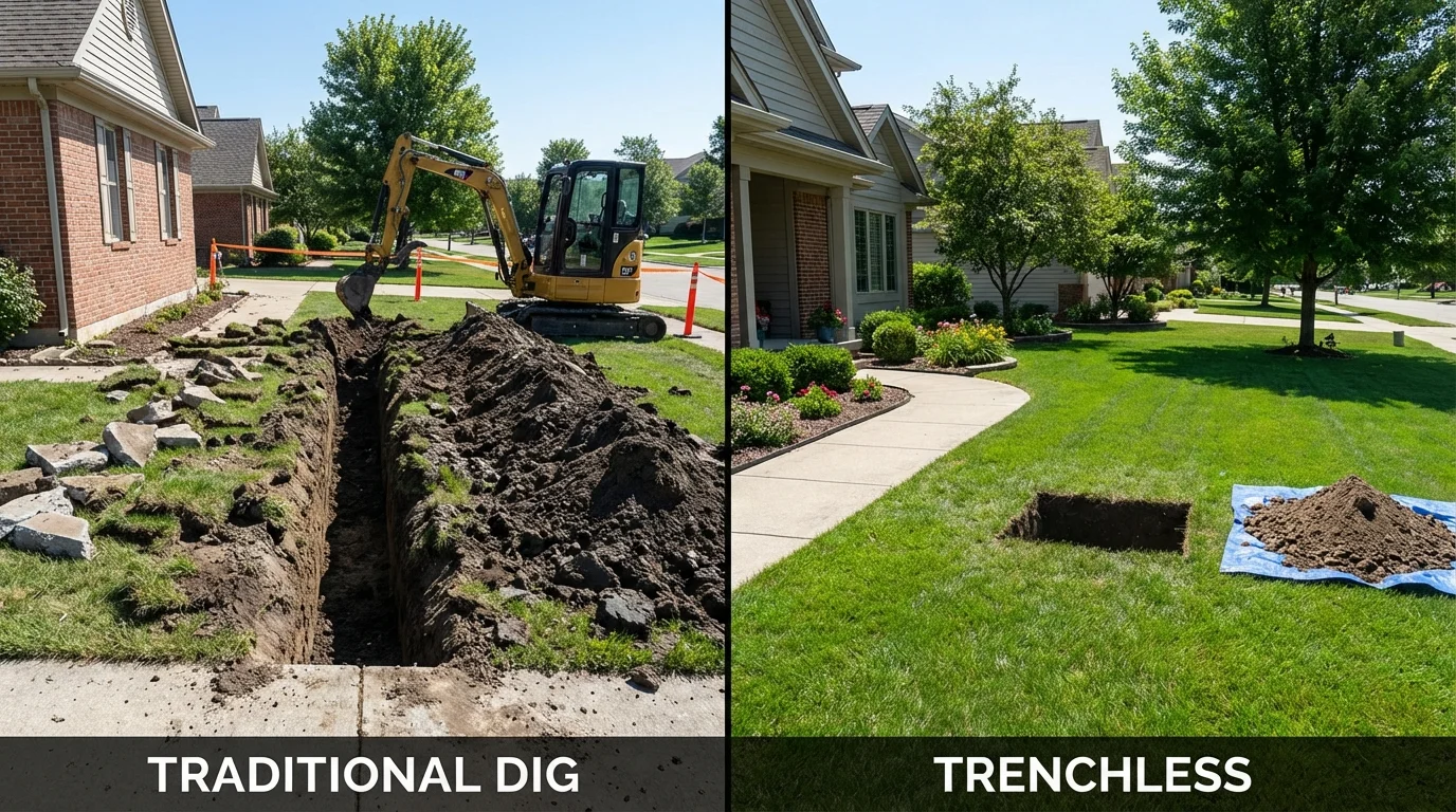 Trenchless sewer repair with minimal yard damage versus traditional excavation in Massena, NY